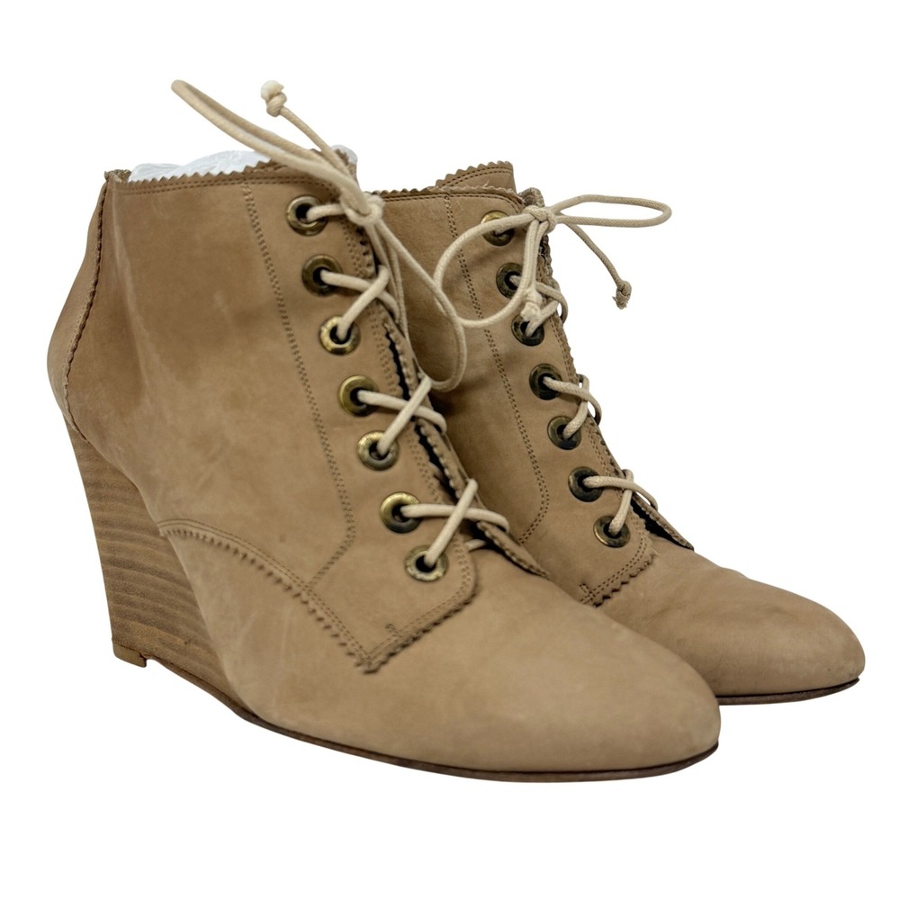 Stuart Weitzman Tan Nubuck Leather Wedge Boots 10 Gorpcore Hipster Indie Western